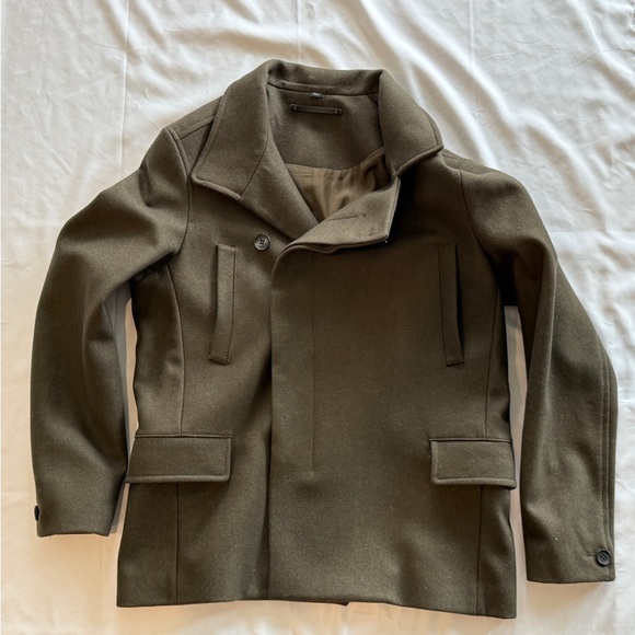 Men’s All Saints Wool Blend Olive Pea Coat - Picture 1 of 6